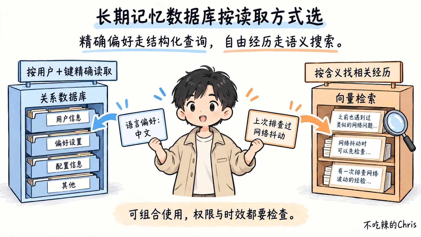 长期记忆的结构化偏好走精确查询,自由经历走语义搜索,二者都检查权限与时效