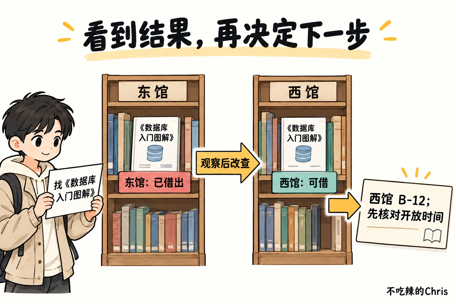 东馆副本已借出后，ReAct 借书助手依据观察改查西馆，形成待核对开放时间的下一步