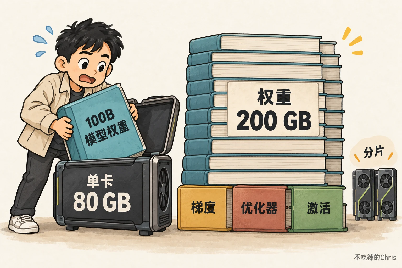 100B 模型的 BF16 权重约 200 GB,单张 80 GB GPU 连权重都装不下,训练还需要梯度、优化器状态和激活