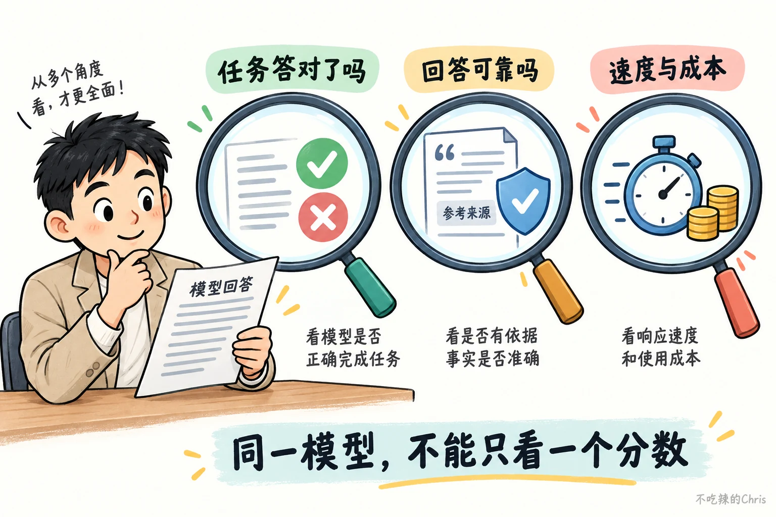 同一份模型回答分别检查任务是否完成、内容是否有依据,以及响应速度和成本