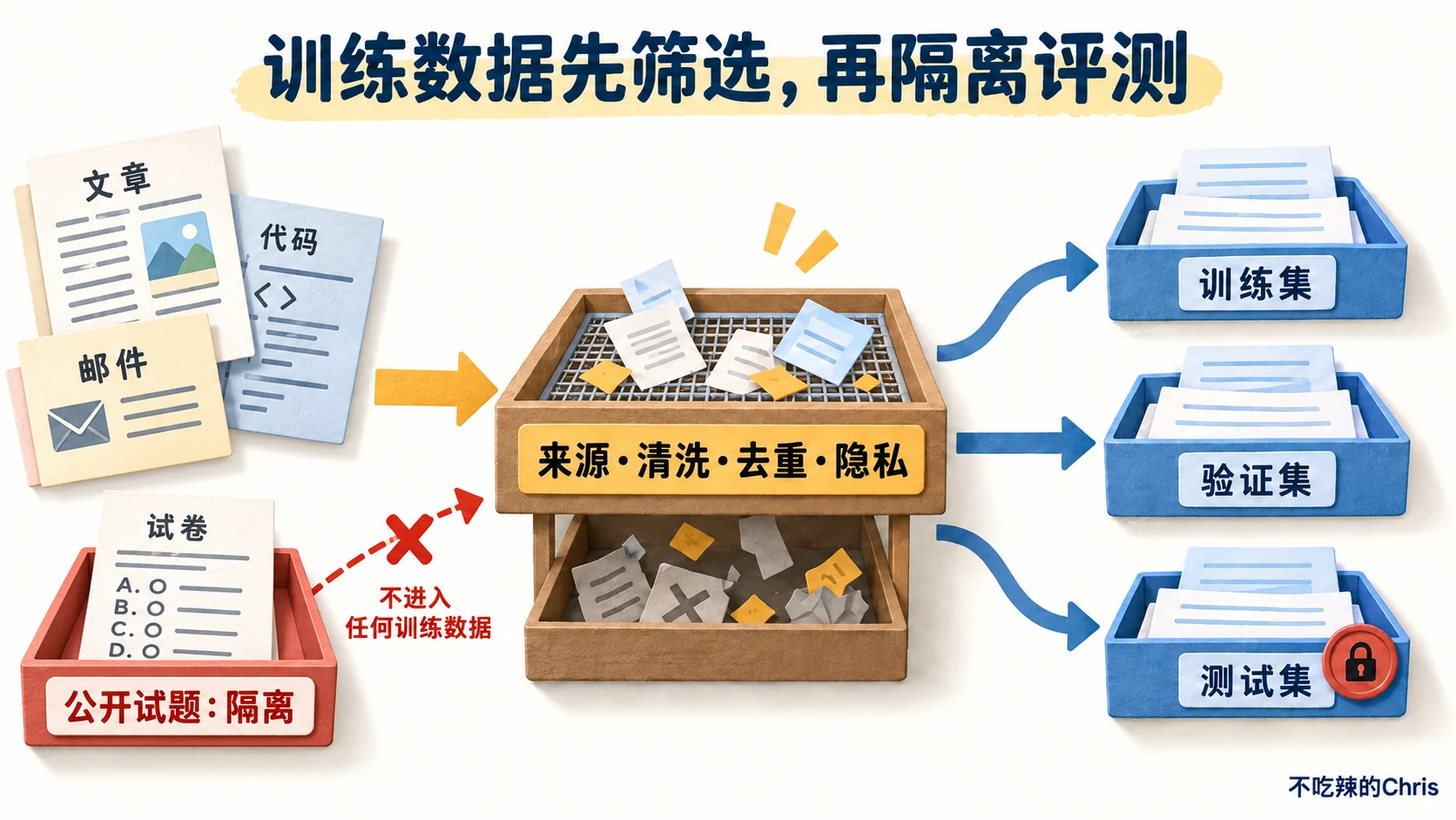 普通文档经来源、清洗、去重和隐私筛选后分入训练、验证、测试集；公开试题单独隔离
