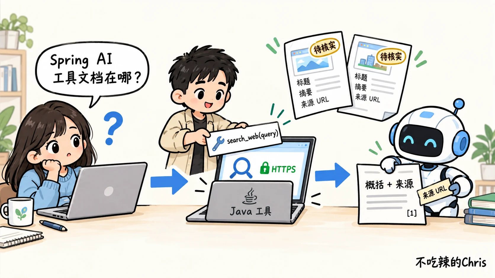Spring AI 搜索工具：模型请求搜索，Java 调用搜索 API，结果返回后再组织带来源的回答