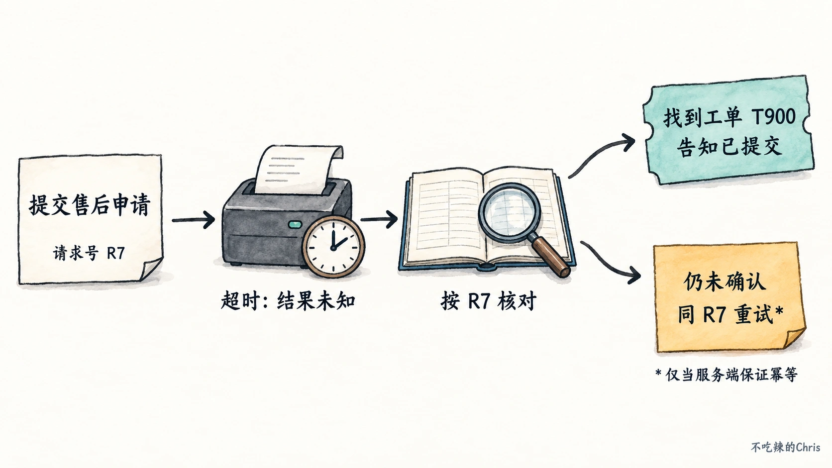 售后申请写工具超时后先按 R7 查请求结果;已创建则告知,仍未知时仅在服务端保证幂等的前提下同号重试