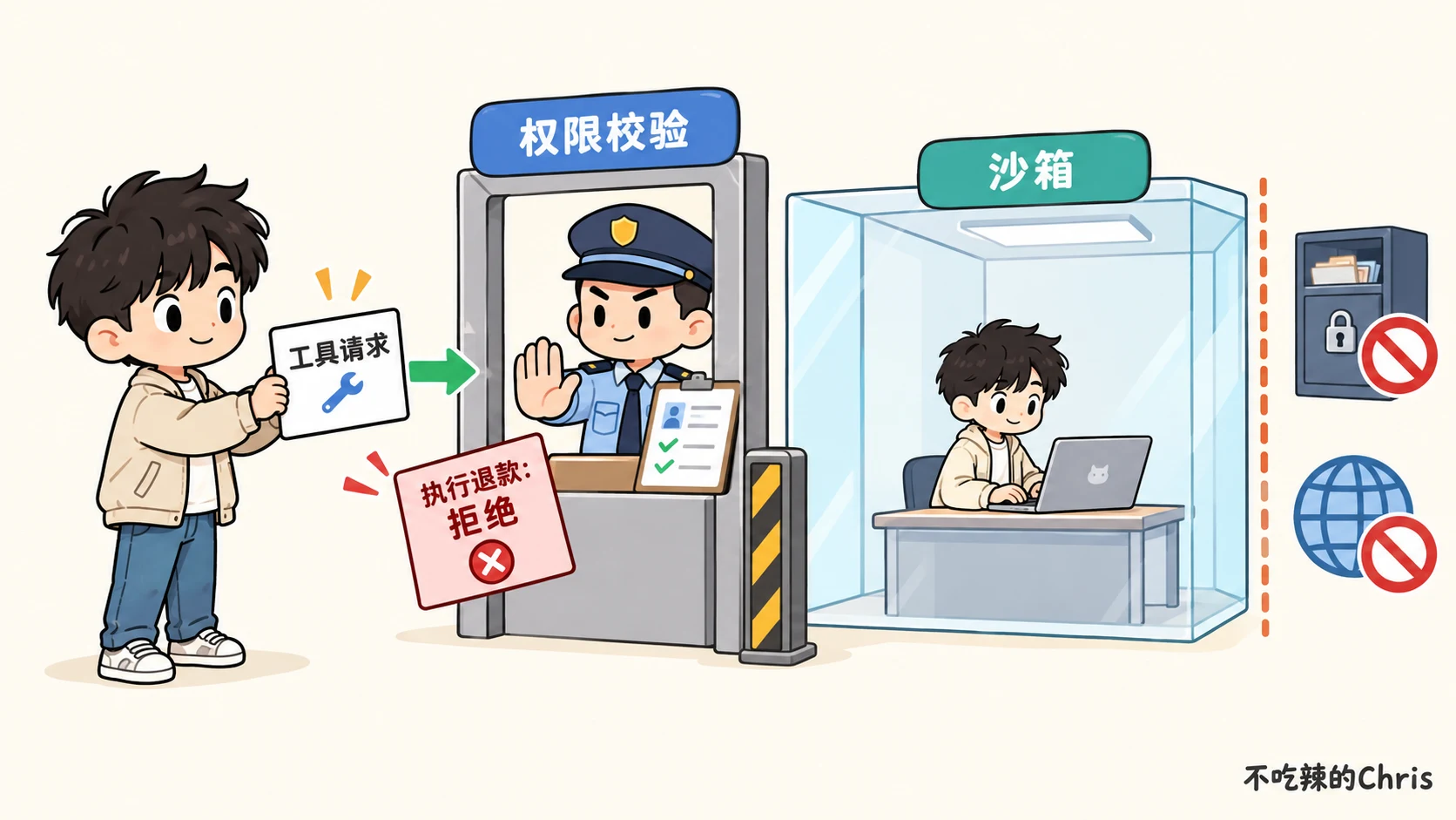 模型的工具请求先经过权限校验,获准的执行才进入受限沙箱,高影响退款请求被拦下