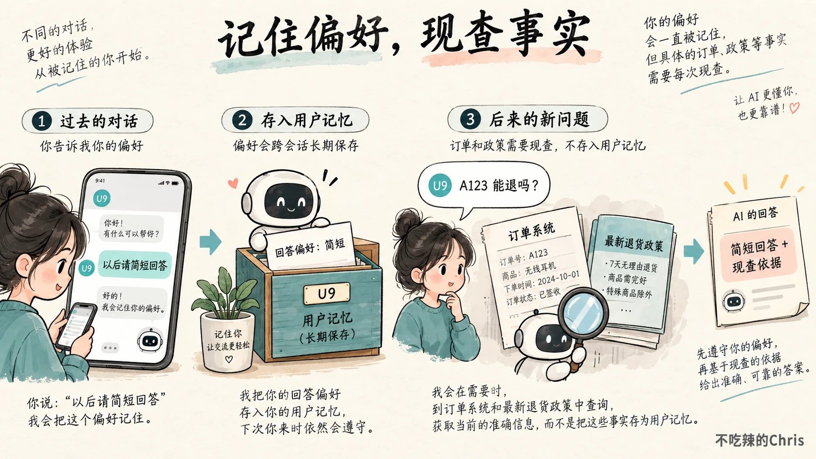 用户偏好可跨会话保存,订单与政策在新问题出现时重新核查