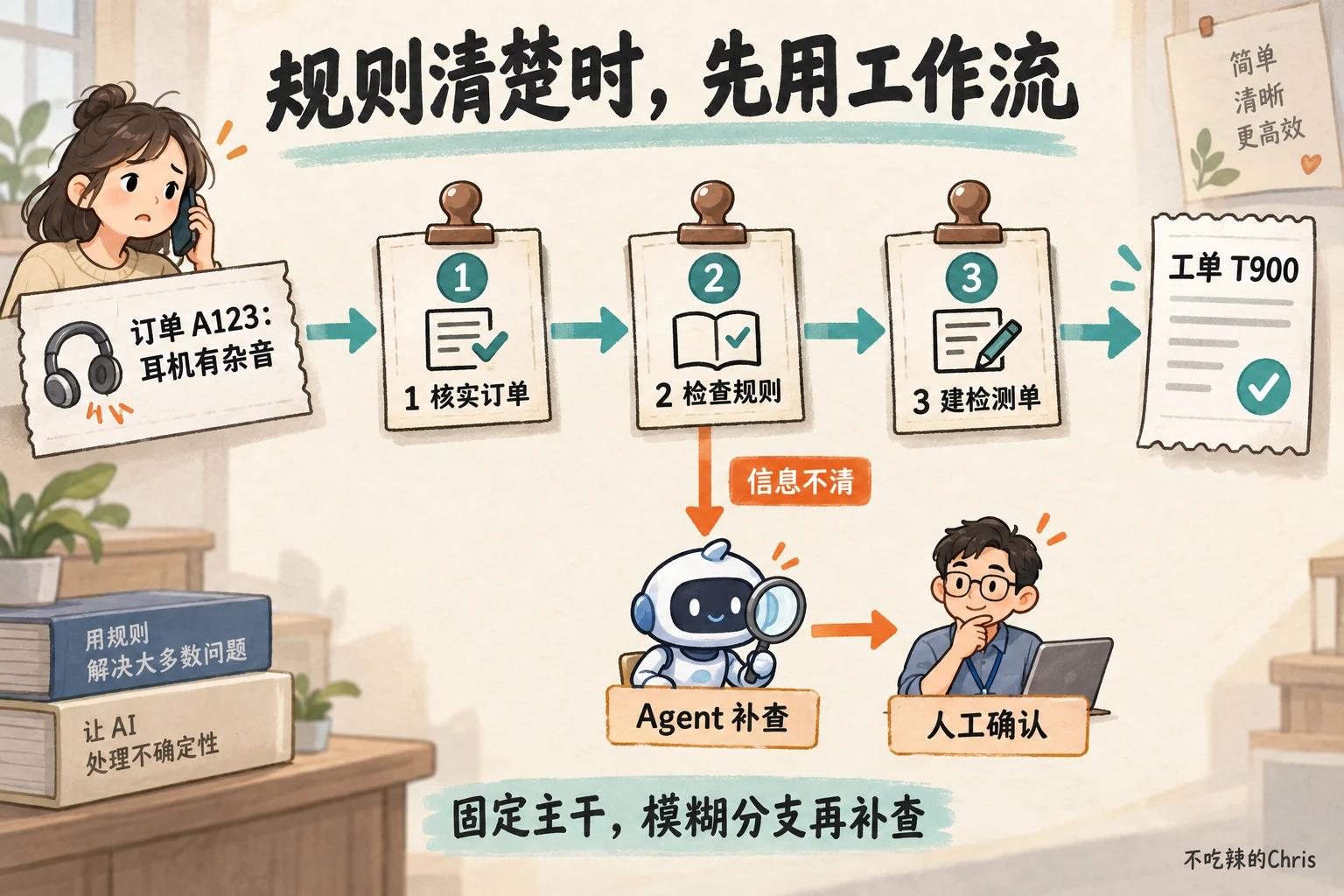 规则清楚的售后申请采用预设工作流,信息不清的分支交 Agent 补查并由人工确认
