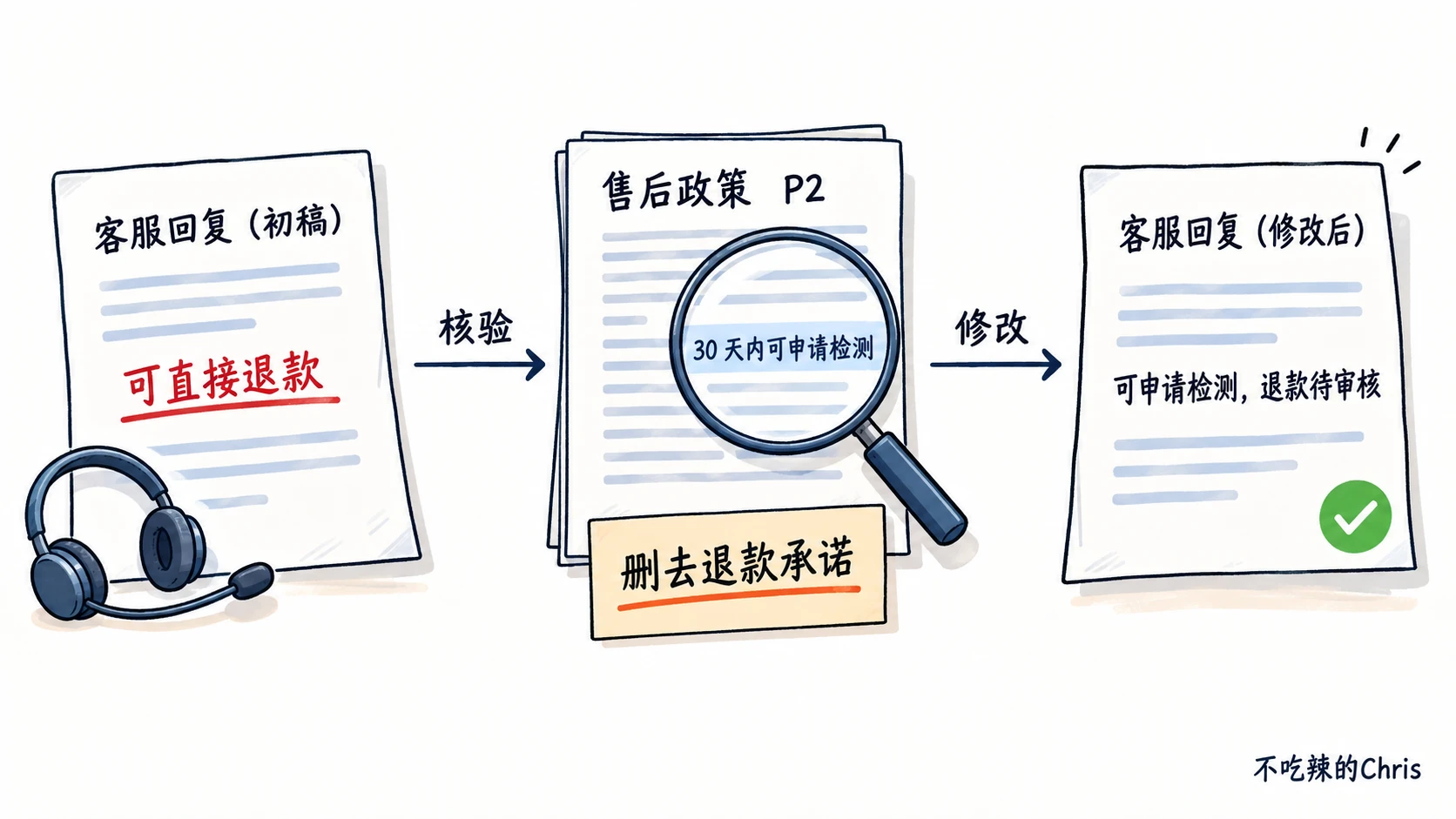 客服初稿错误承诺可直接退款,经售后政策核验后改为可申请检测、退款待审核