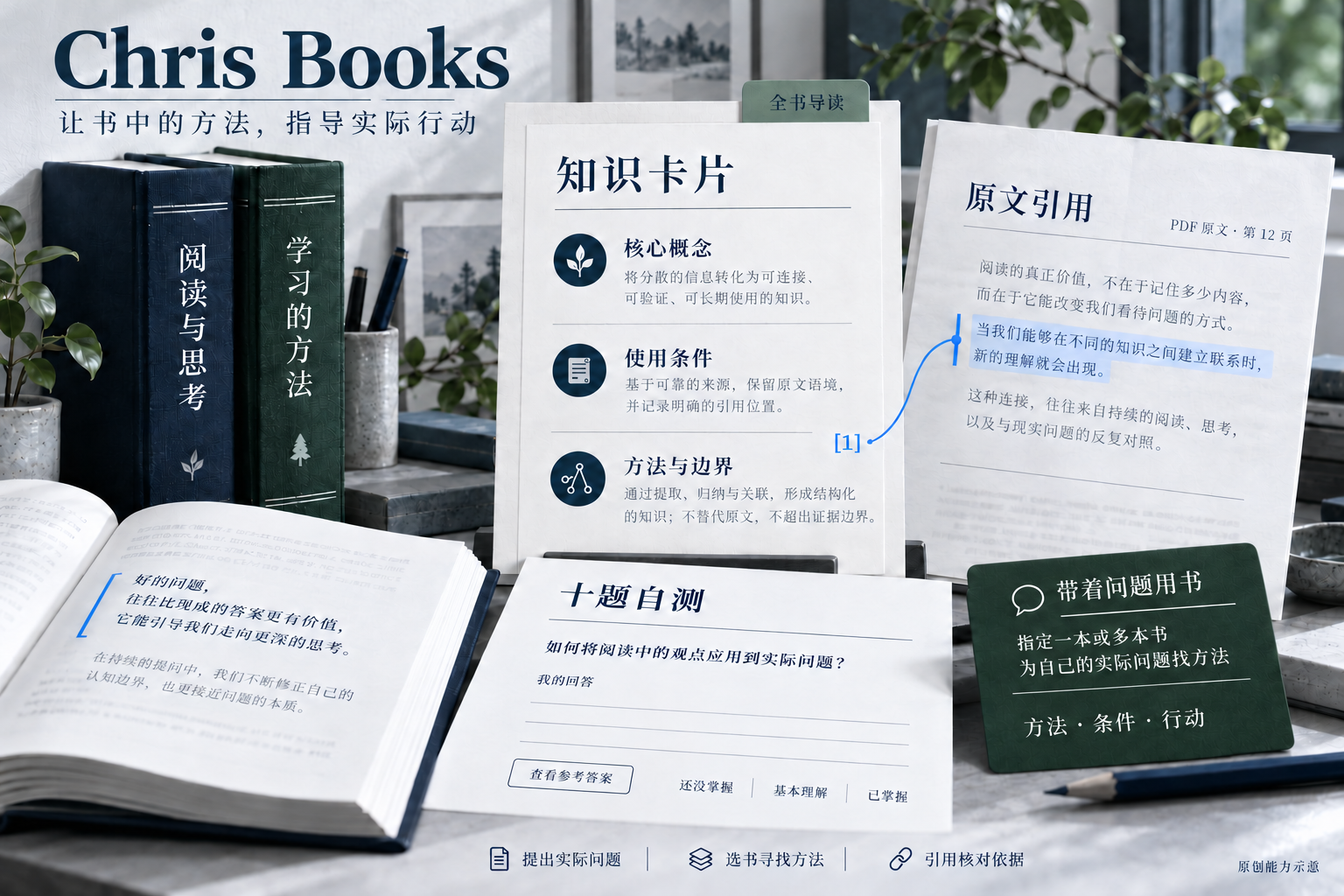 Chris Books:让书中的方法指导实际行动;带着自己的实际问题指定一本或多本书,对照知识卡片中的方法与条件寻找实践思路,并通过蓝色引用核对 PDF 原文依据