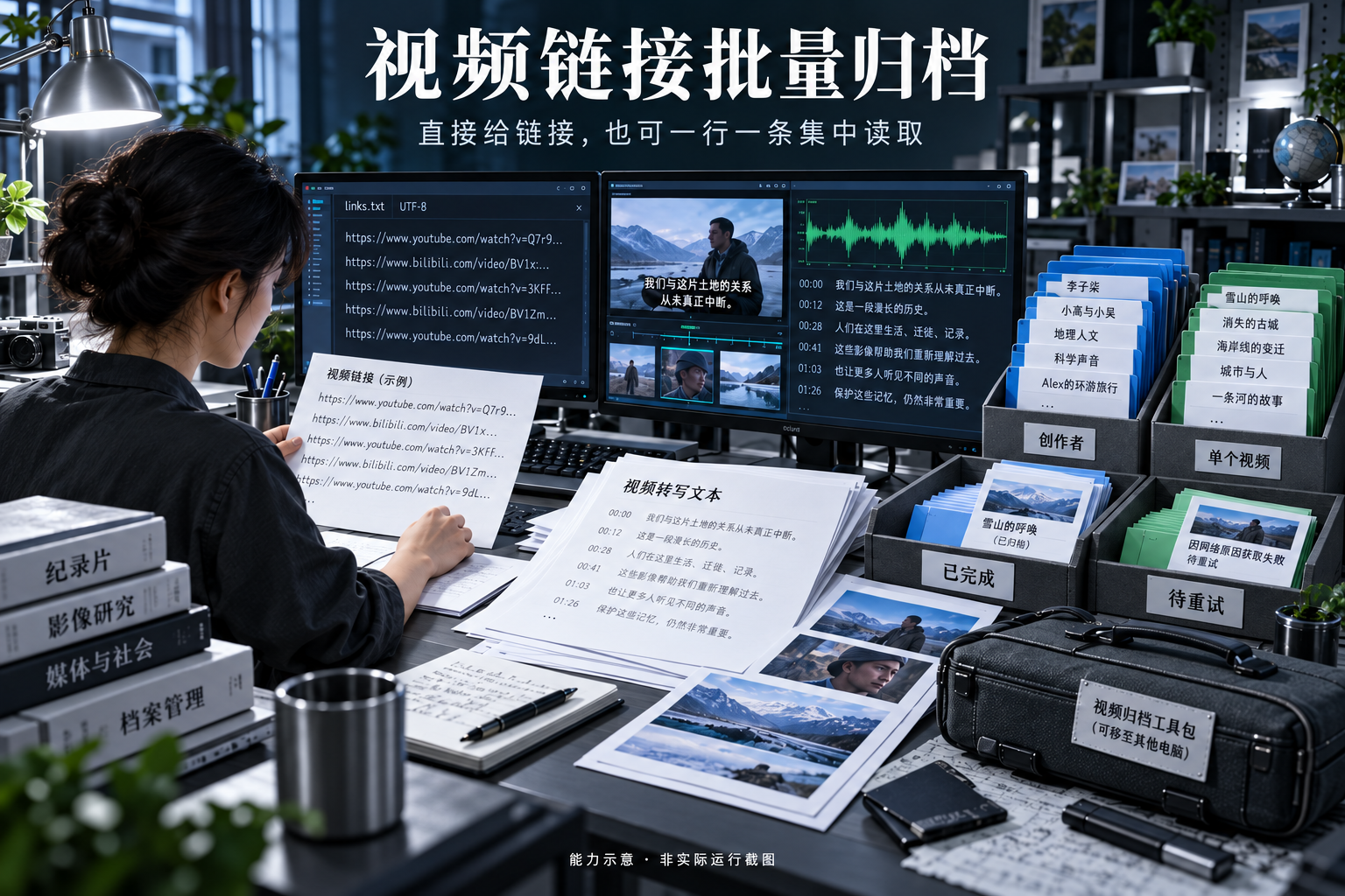 影视档案室:视频链接、字幕或本地转录、创作者与视频分类、已完成与待重试记录