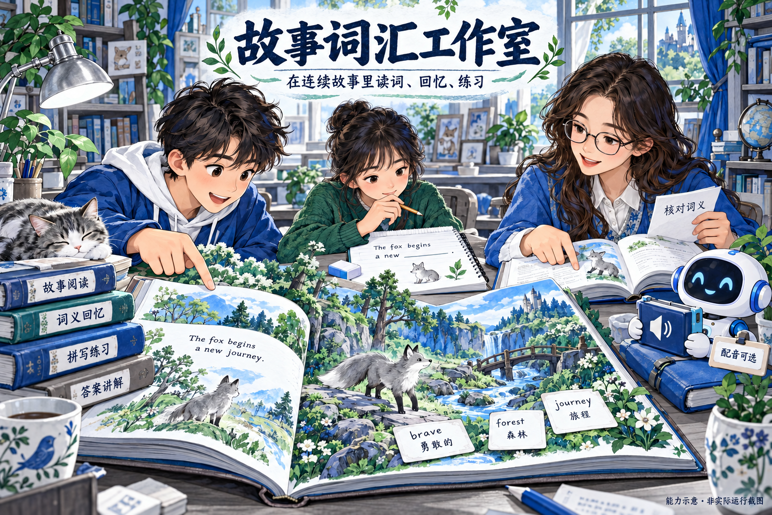 故事绘本阅读场景:学习者与教师围绕银灰小狐狸的连续故事,阅读词汇、回忆词义和练习拼写,配音可选