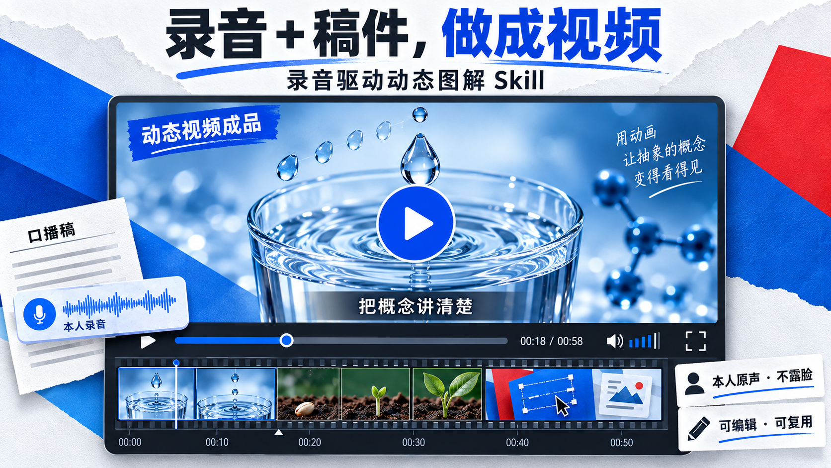 录音与口播稿制作动态视频:大幅播放器、播放按钮、口播字幕、进度条与连续镜头序列